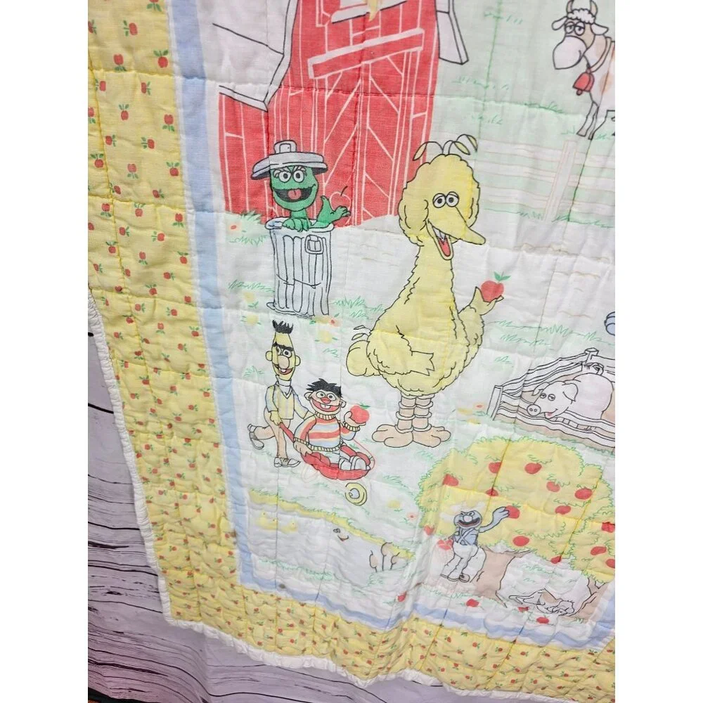 Vintage Sesame Street Baby Quilt 42x32 Handmade Farm Theme Yellow Floral Backing